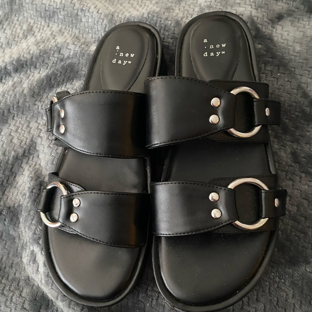 NIB A New Day black platform sandals w/silver buckles